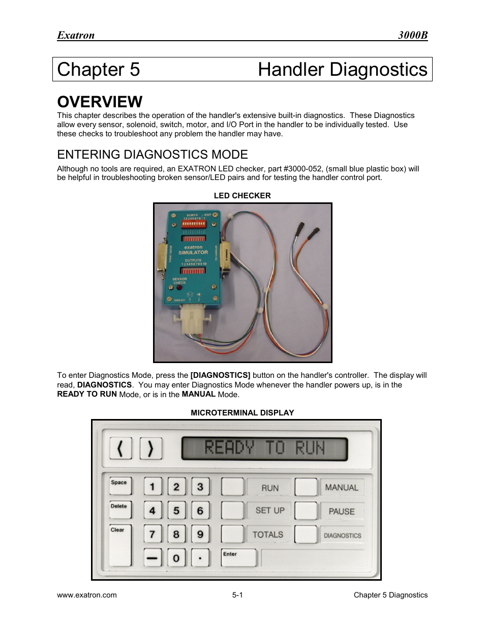 Chapter 5 handler diagnostics, Overview, Entering diagnostics mode | Chapter 5, Handler diagnostics -1, Overview -1, Entering diagnostics mode -1 | Extron electronic 3000B User Manual | Page 80 / 187