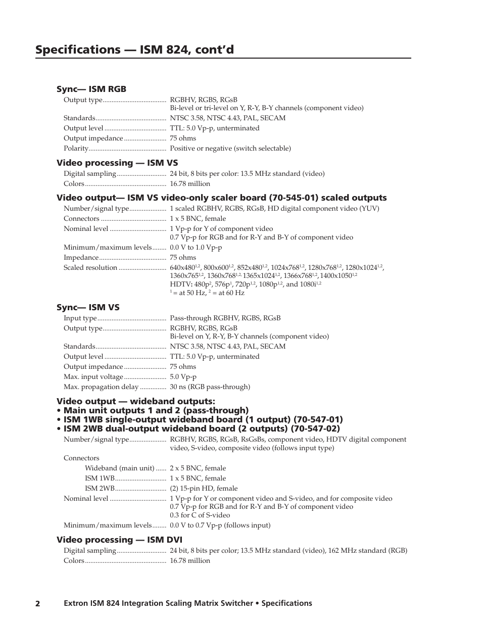 Specifications — ism 824, cont’d, Sync— ism rgb, Video processing — ism vs | Sync— ism vs, Video processing — ism dvi | Extron electronic ISM 824 User Manual | Page 2 / 4