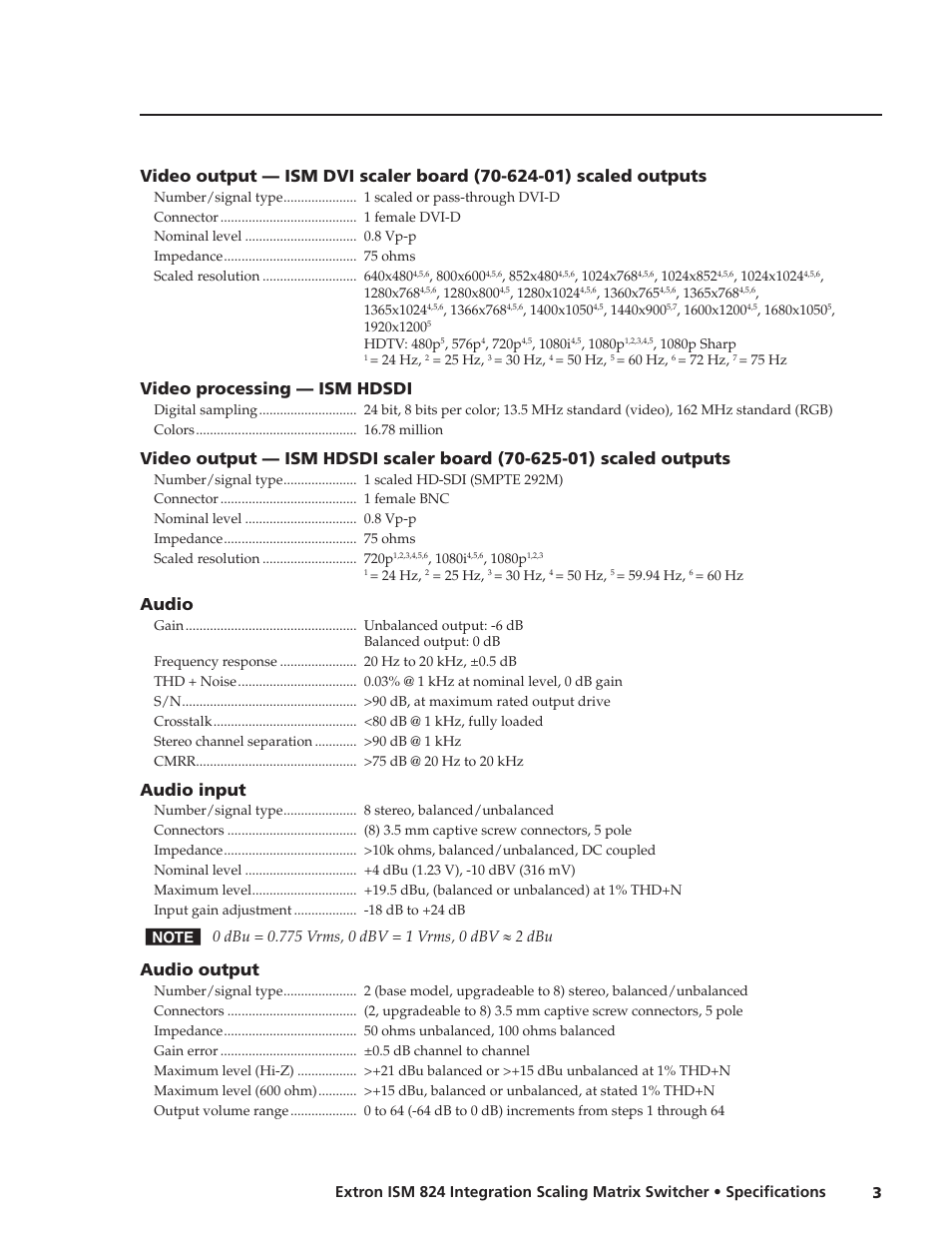 Video processing — ism hdsdi, Audio, Audio input | Audio output | Extron electronic ISM 824 User Manual | Page 3 / 4