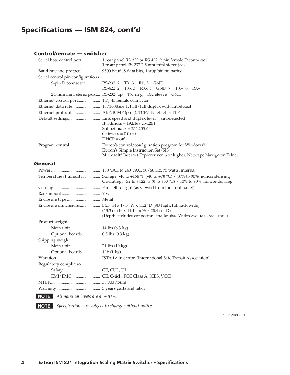 Specifications — ism 824, cont’d | Extron electronic ISM 824 User Manual | Page 4 / 4