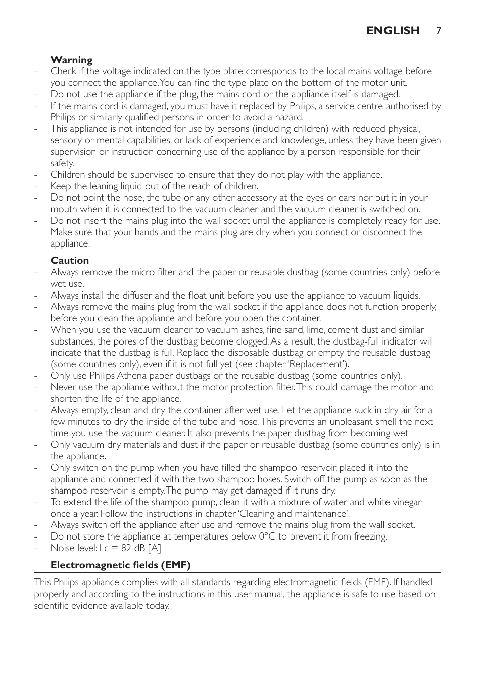 Warning, Caution, Electromagnetic fields (emf) | Philips FC6841 User Manual | Page 7 / 192