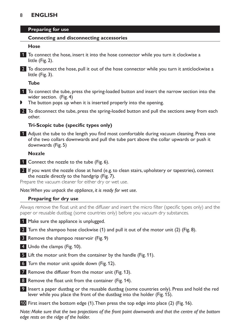 Preparing for use, Connecting and disconnecting accessories, Hose | Tube, Tri-scopic tube (specific types only), Nozzle, Preparing for dry use | Philips FC6841 User Manual | Page 8 / 192