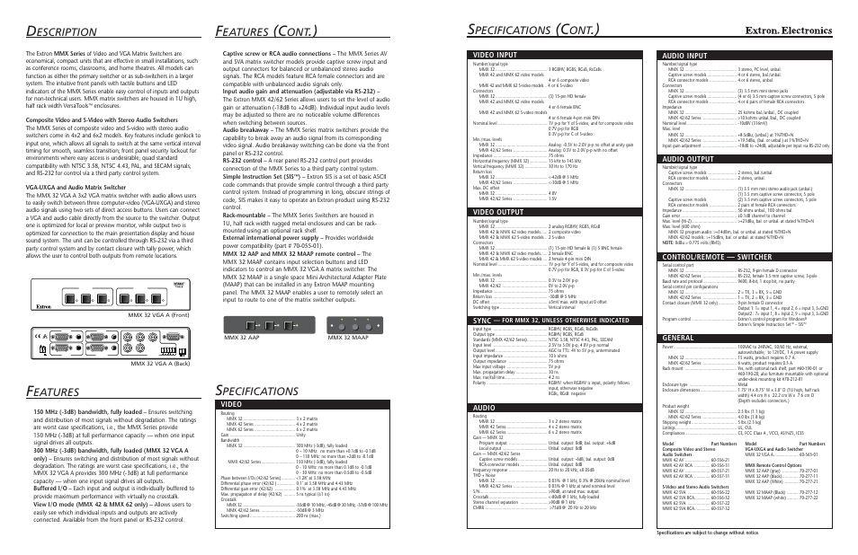 Pecifications, Eatures, Escription | Video input, Video output, Sync, Audio, Video, Audio input, Audio output | Extron electronic MMX 32 VGA A User Manual | Page 3 / 4