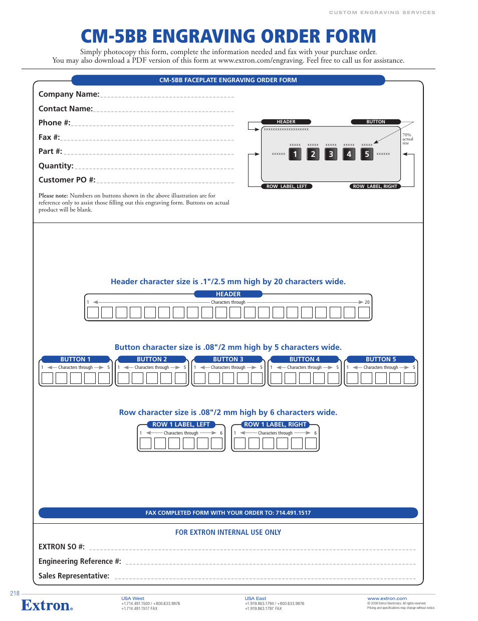 Cm-5bb engraving order form, For extron internal use only extron so, Engineering reference | Sales representative, Company name, Contact name, Phone, Part, Quantity, Customer po | Extron electronic MAAP Active Modules VCM 100 MAAP User Manual | Page 11 / 12