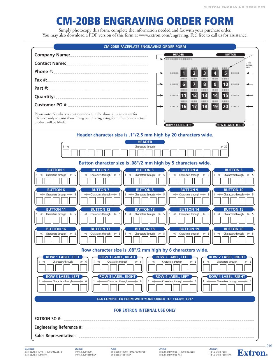 Cm-20bb engraving order form, For extron internal use only extron so, Engineering reference | Sales representative, Company name, Contact name, Phone, Part, Quantity, Customer po | Extron electronic MAAP Active Modules VCM 100 MAAP User Manual | Page 12 / 12