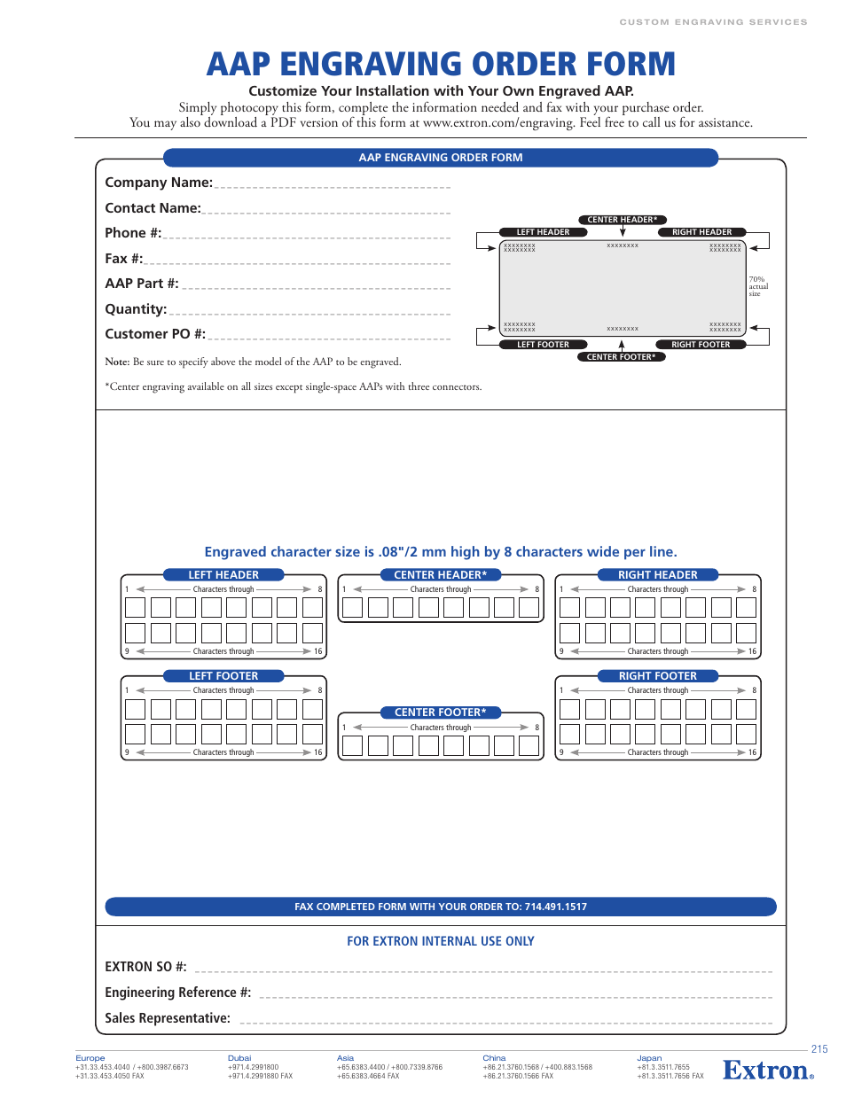 Aap engraving order form, For extron internal use only extron so, Engineering reference | Sales representative, Company name, Contact name, Phone, Aap part, Quantity, Customer po | Extron electronic MAAP Active Modules VCM 100 MAAP User Manual | Page 8 / 12