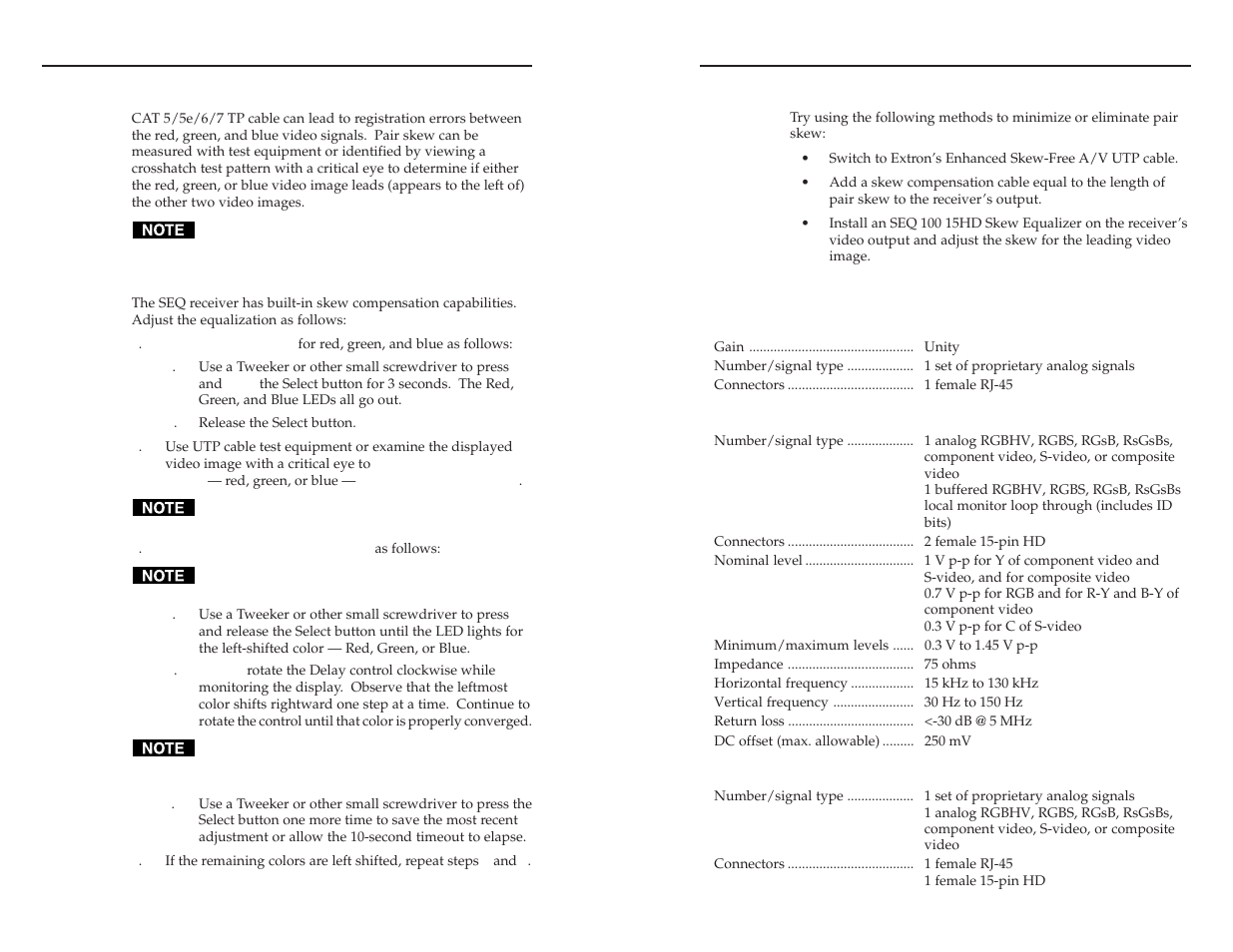 Skew delay compensation, Seq receiver skew compensation, Non-seq receiver skew compensation | Specifications, Versatools, Mtp 15hd a series, cont’d | Extron electronic MTP T 15HD A AAP User Manual | Page 15 / 18