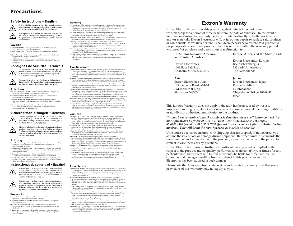 Precautions, Extron’s warranty, Instrucciones de seguridad • español | Extron electronic MTP T 15HD A AAP User Manual | Page 2 / 18