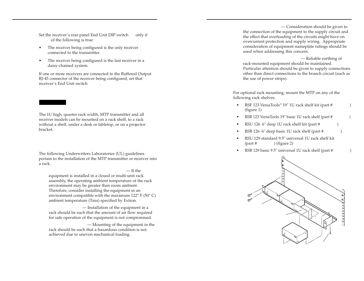 End unit receiver dip switch, Installation, Rack mounting | Ul guidelines, Rack mounting instructions, Versatools, Mtp 15hd a series, cont’d | Extron electronic MTP T 15HD A AAP User Manual | Page 7 / 18