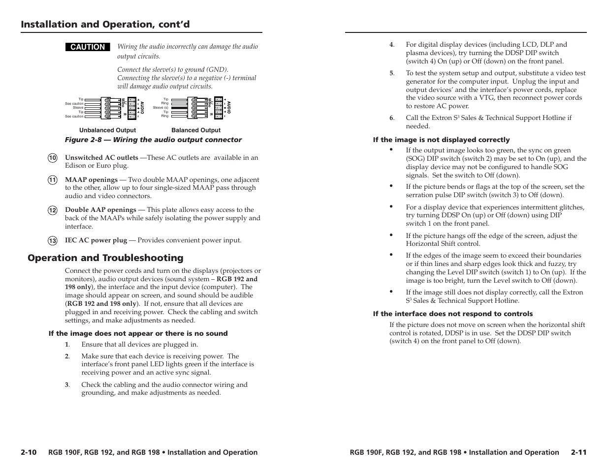 Installation and operation, cont’d, Operation and troubleshooting | Extron Electronics RGB 192 User Manual | Page 11 / 16