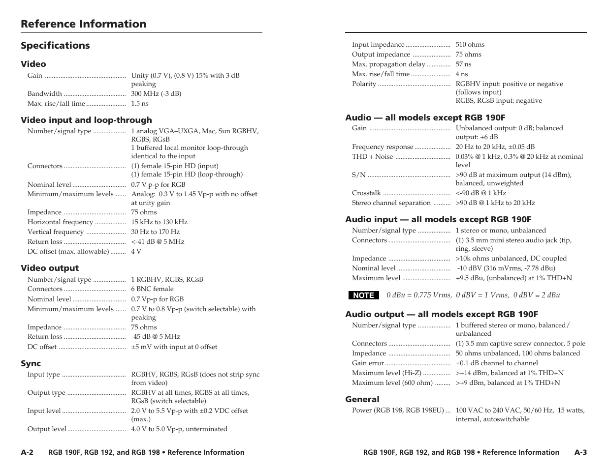 Reference information, Reference information, cont’d, Specifications | Extron Electronics RGB 192 User Manual | Page 13 / 16