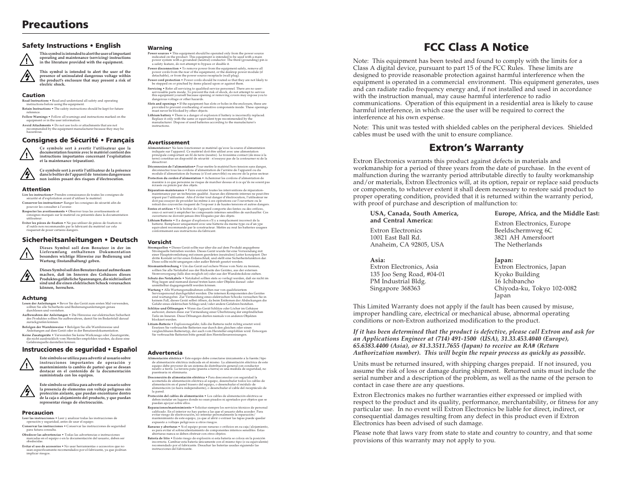 Precautions, Fcc class a notice, Extron’s warranty | Instrucciones de seguridad • español | Extron Electronics RGB 192 User Manual | Page 2 / 16