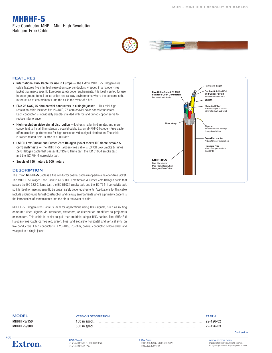 Extron electronic Mini High Resolution Halogen-Free Cable MHRHF-5/300 User Manual | 2 pages