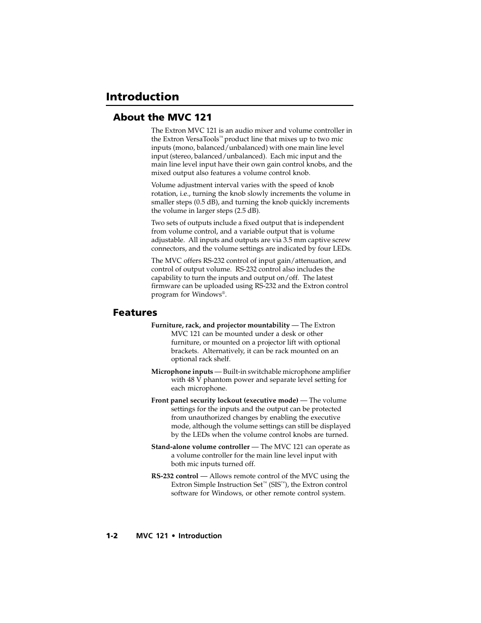 Introduction, About the mvc 121, Features | Extron Electronics MVC 121 User Manual | Page 12 / 48