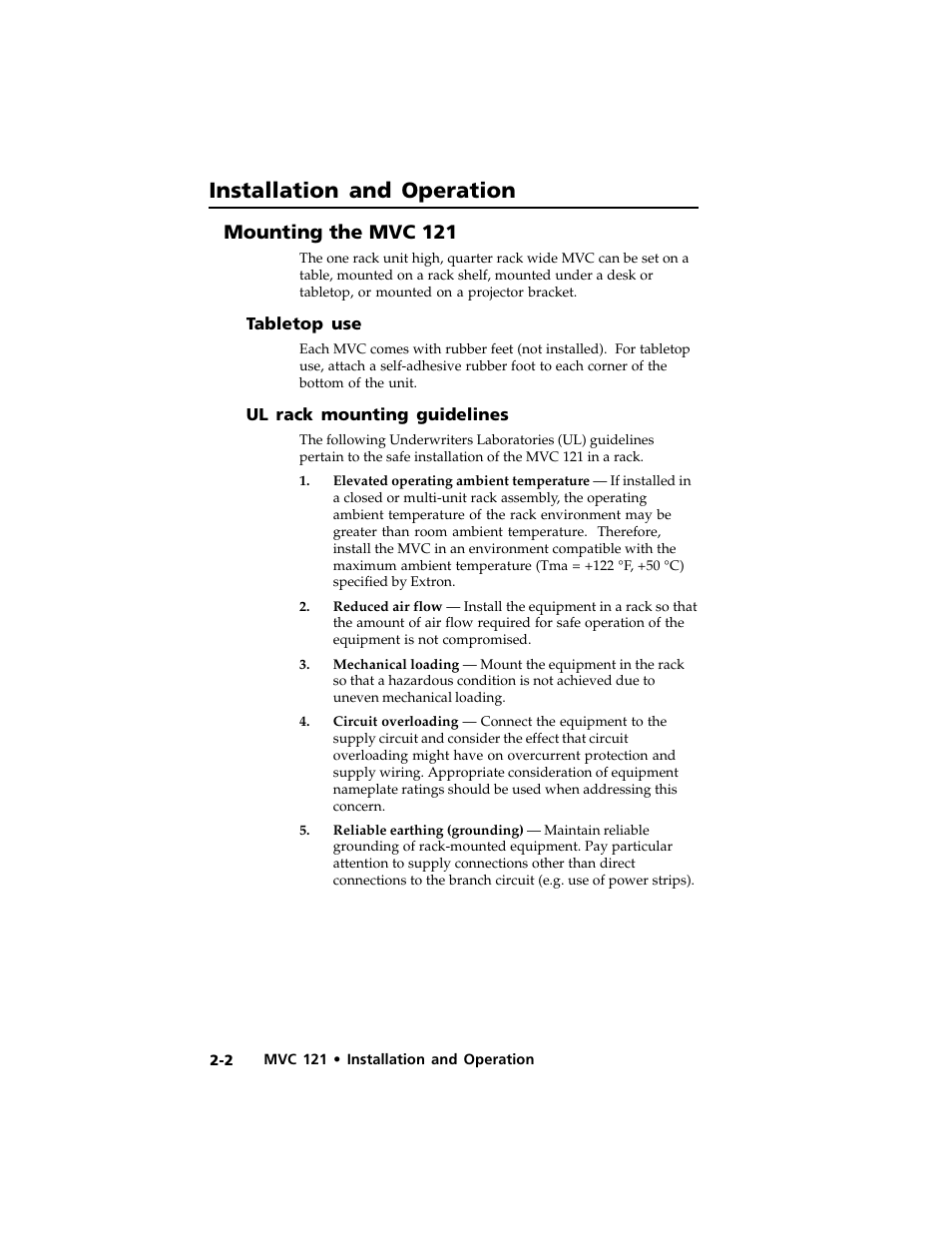 Installation and operation, Mounting the mvc 121 | Extron Electronics MVC 121 User Manual | Page 14 / 48