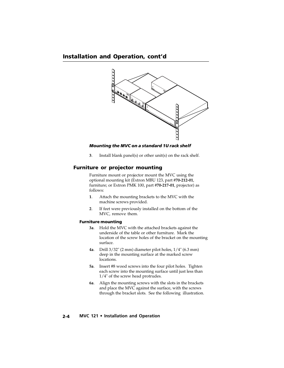 Installation and operation, cont’d, Furniture or projector mounting | Extron Electronics MVC 121 User Manual | Page 16 / 48