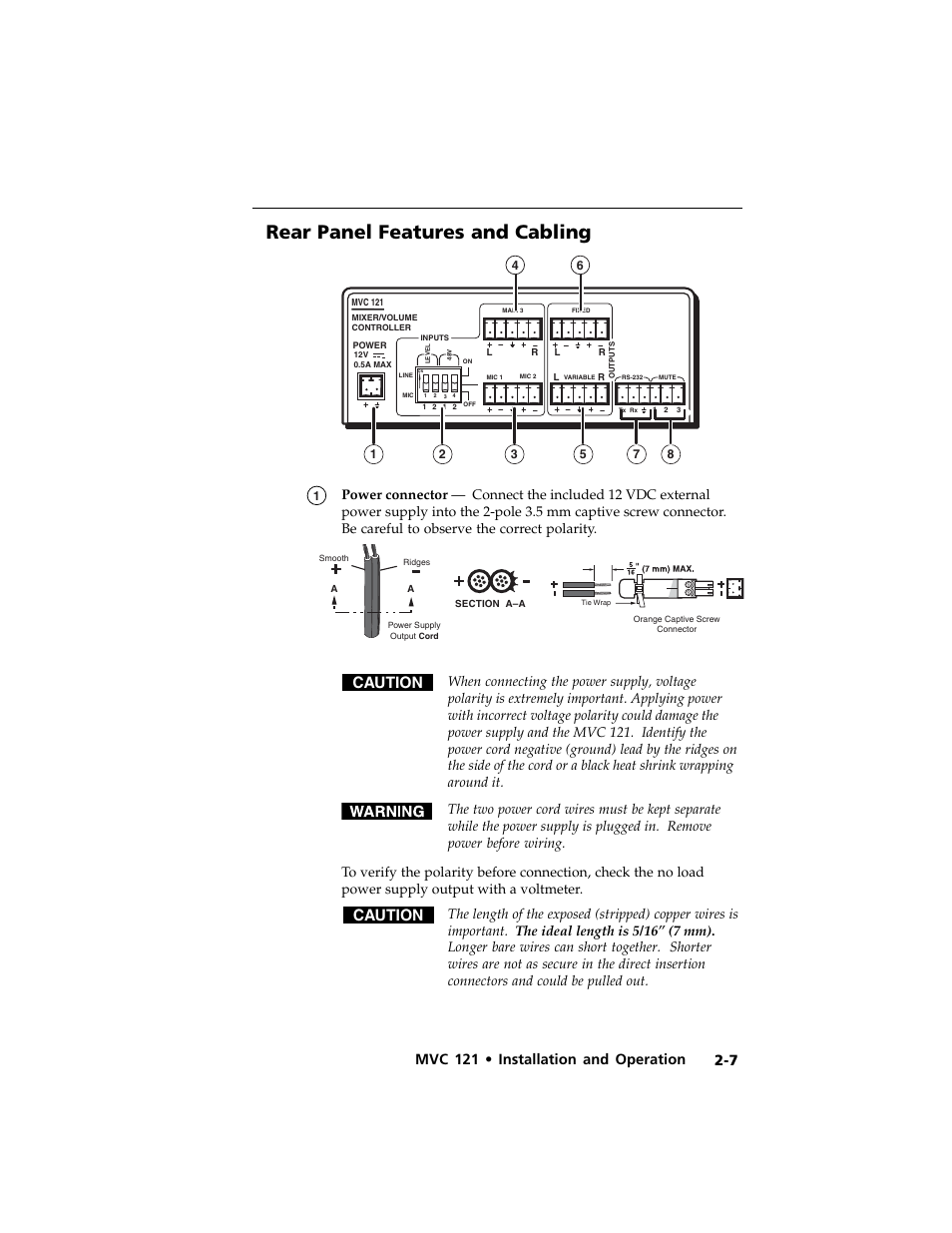 Rear panel features and cabling, Caution, Mvc 121 • installation and operation | Extron Electronics MVC 121 User Manual | Page 19 / 48