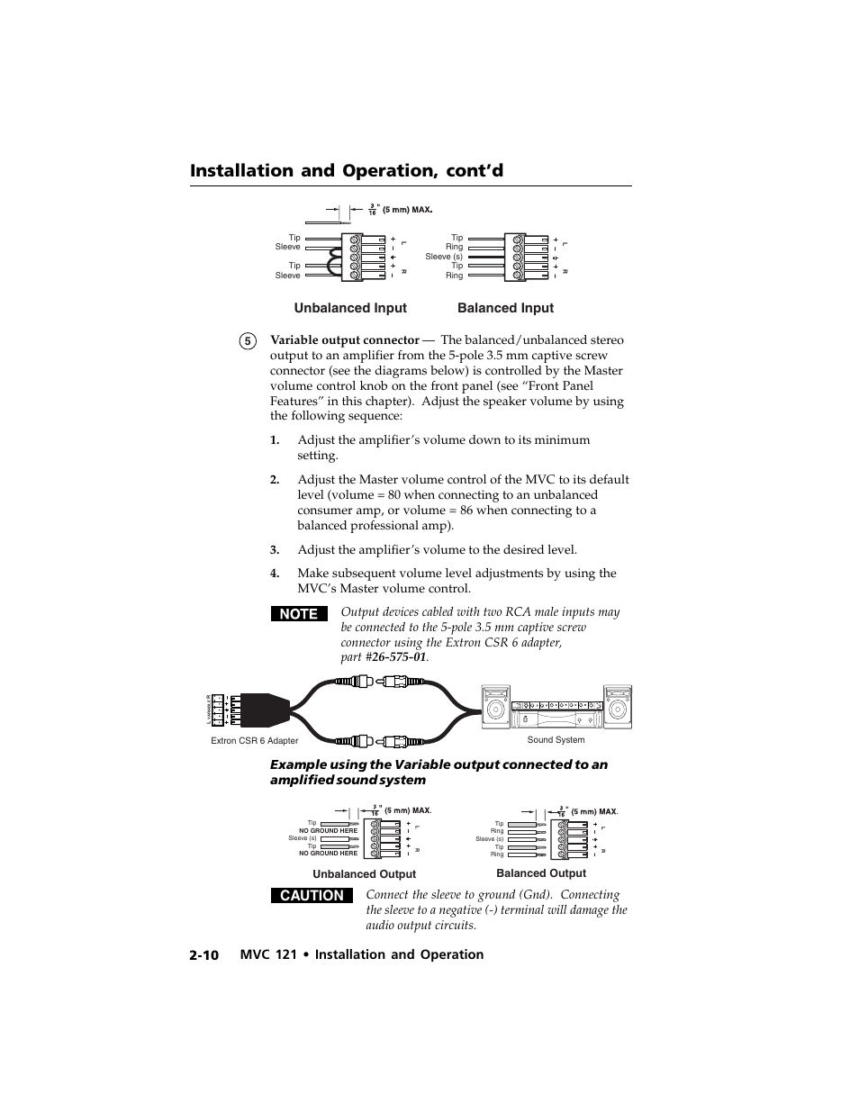 Installation and operation, cont’d, Caution, Mvc 121 • installation and operation | 10 unbalanced input, Balanced input | Extron Electronics MVC 121 User Manual | Page 22 / 48
