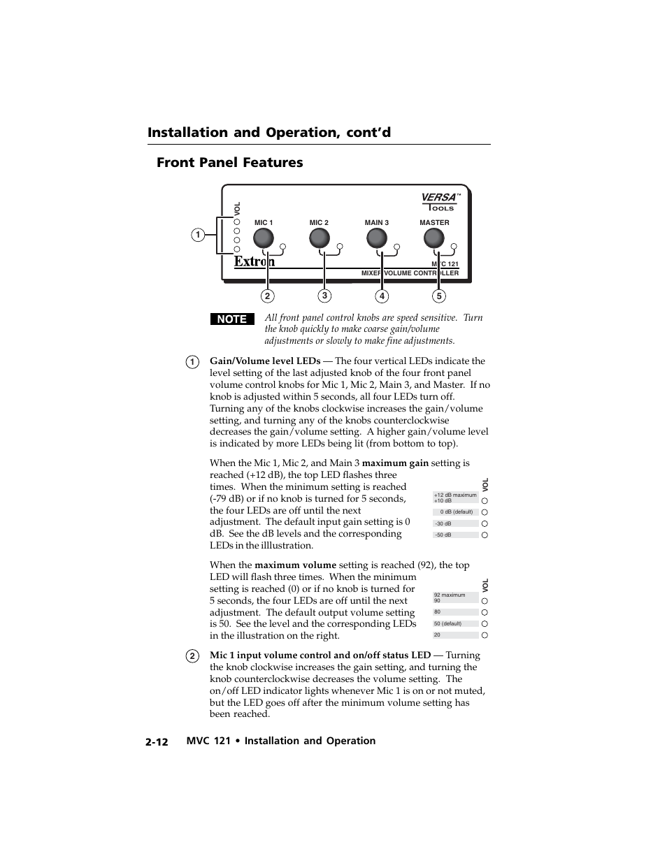 Installation and operation, cont’d, Front panel features | Extron Electronics MVC 121 User Manual | Page 24 / 48