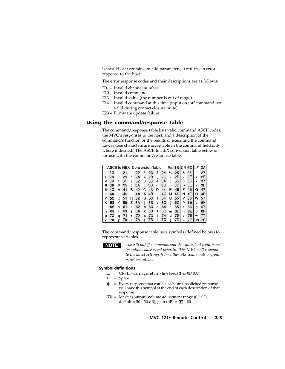 Using the command/response table | Extron Electronics MVC 121 User Manual | Page 29 / 48