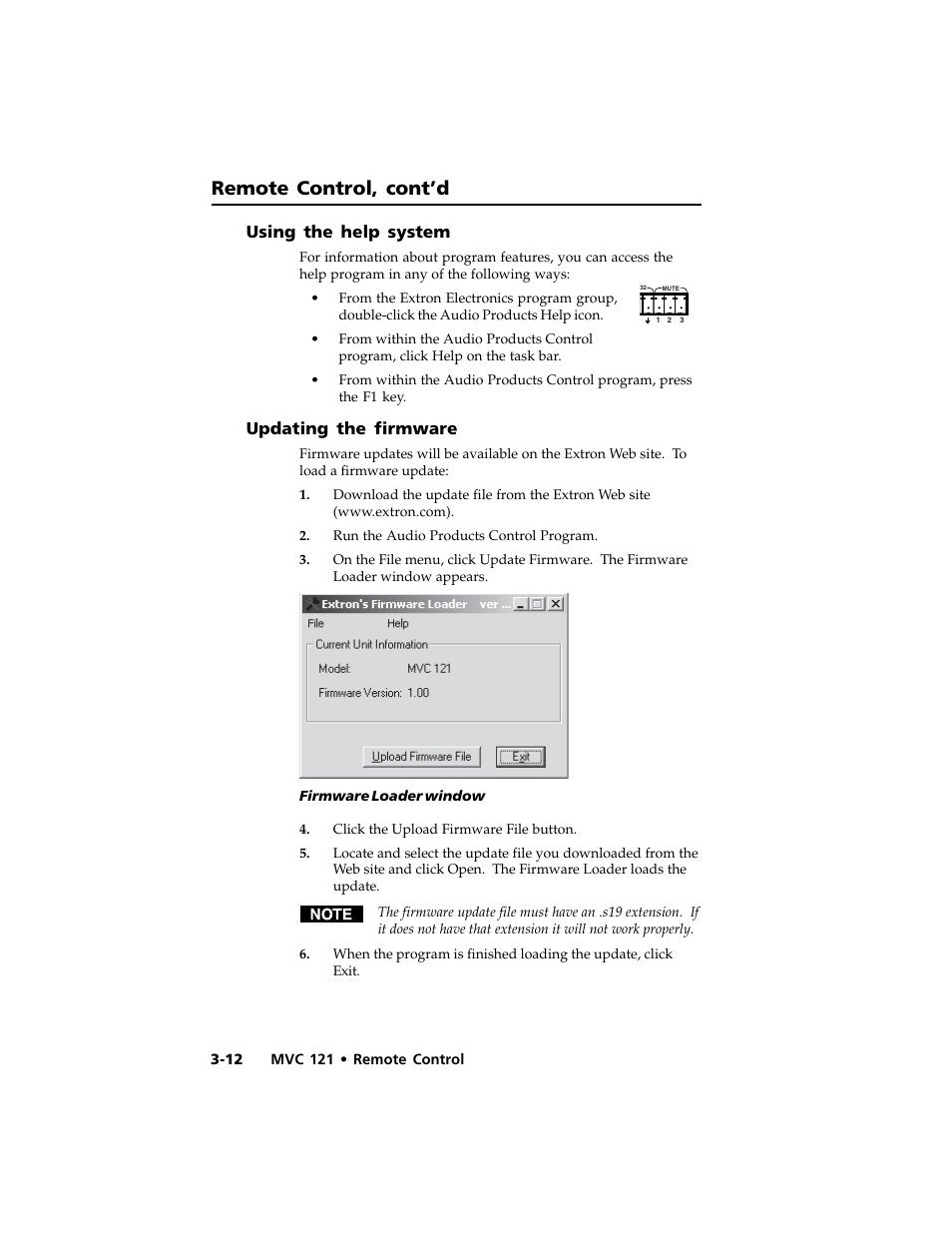 Remote control, cont’d, Using the help system, Updating the firmware | Extron Electronics MVC 121 User Manual | Page 38 / 48