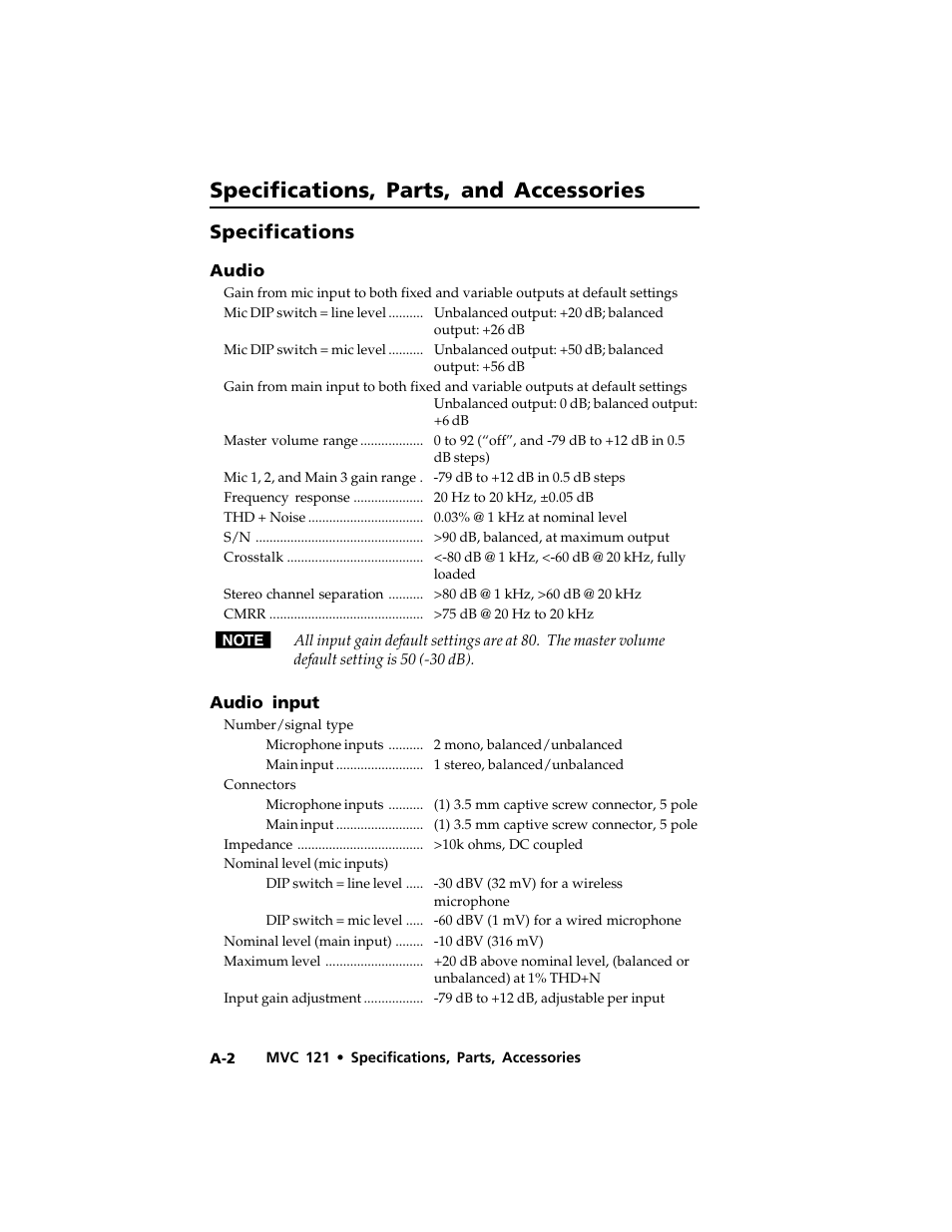 Specifications, parts, and accessories, Specifications | Extron Electronics MVC 121 User Manual | Page 42 / 48