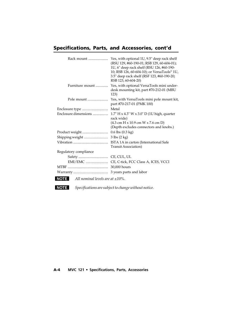 Specifications, parts, and accessories, cont’d | Extron Electronics MVC 121 User Manual | Page 44 / 48