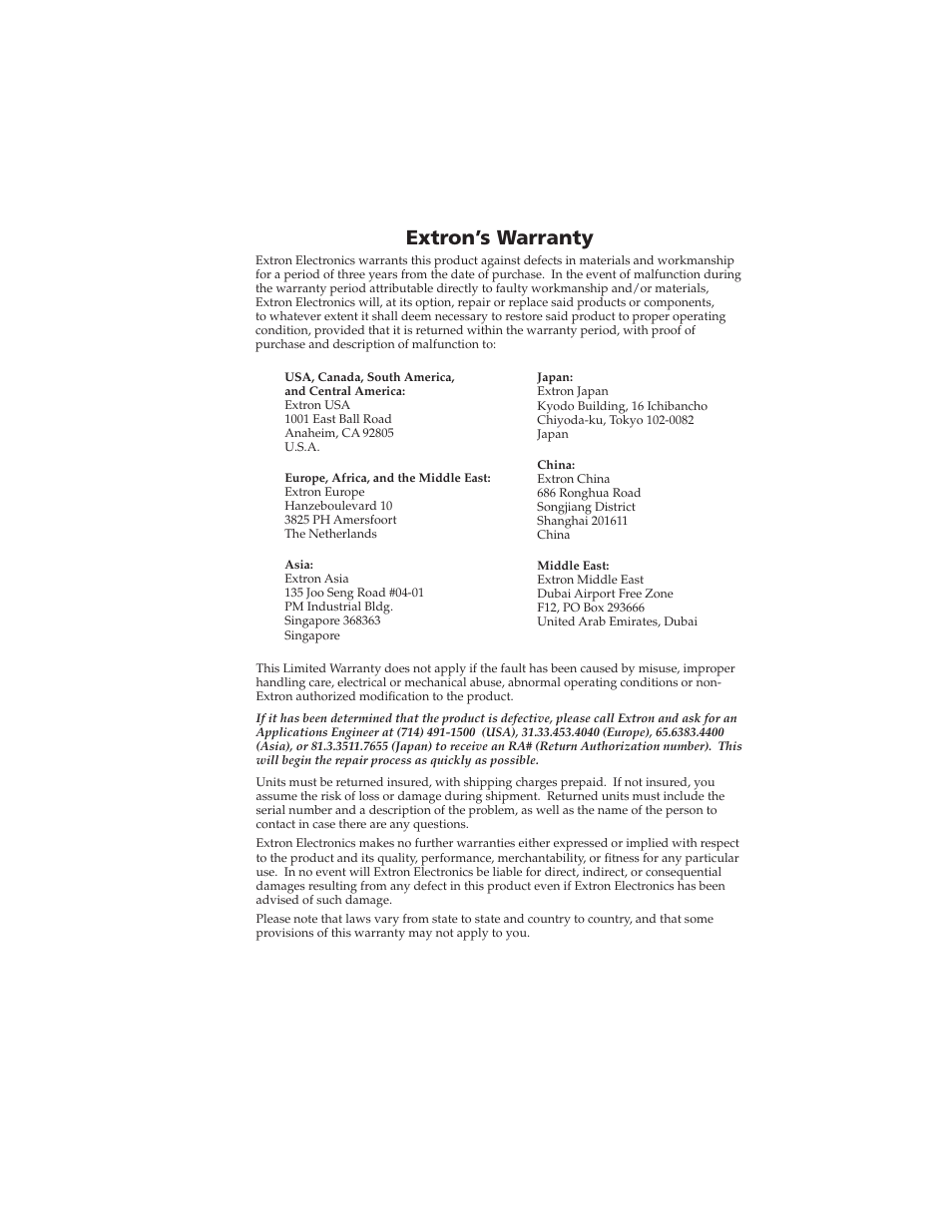 Extron’s warranty | Extron Electronics MVC 121 User Manual | Page 47 / 48