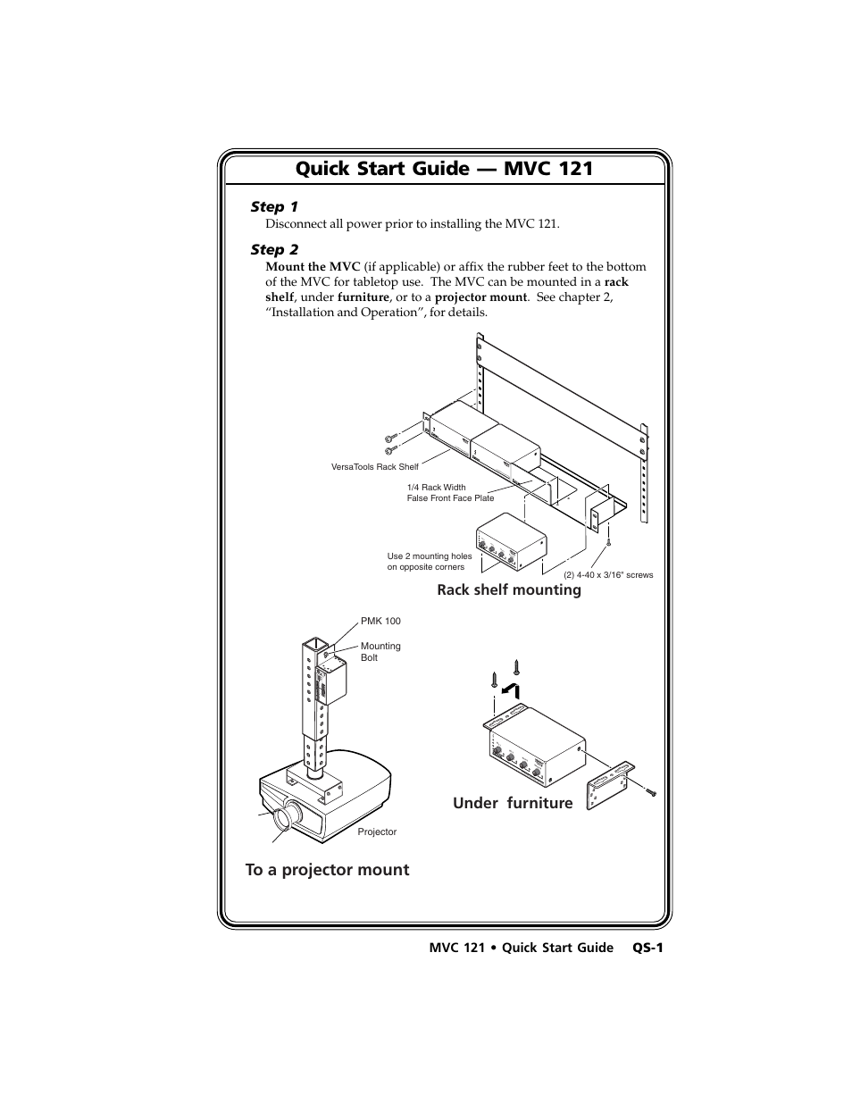 Quick start guide — mvc 121, Under furniture | Extron Electronics MVC 121 User Manual | Page 5 / 48