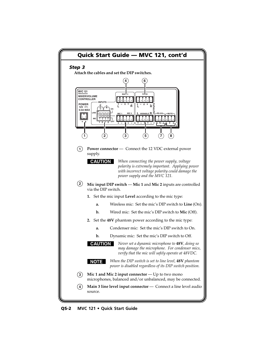 Quick start guide — mvc 121, cont’d, Step 3, Caution | Extron Electronics MVC 121 User Manual | Page 6 / 48