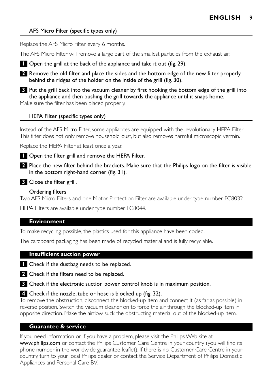 Philips FC8424 User Manual | Page 9 / 76