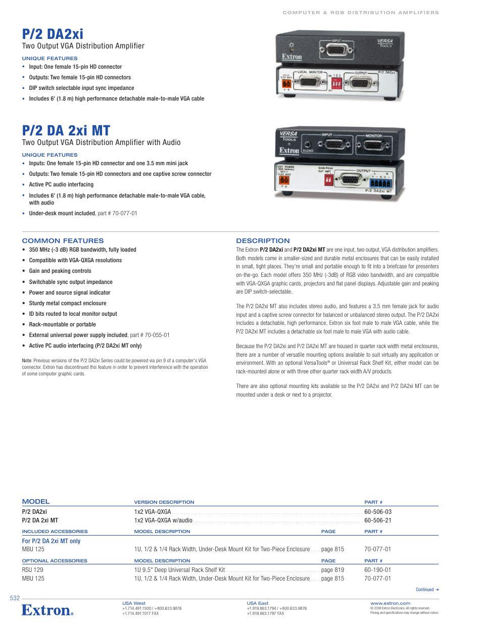 Extron electronic P/2 DA2xi MT User Manual | 2 pages