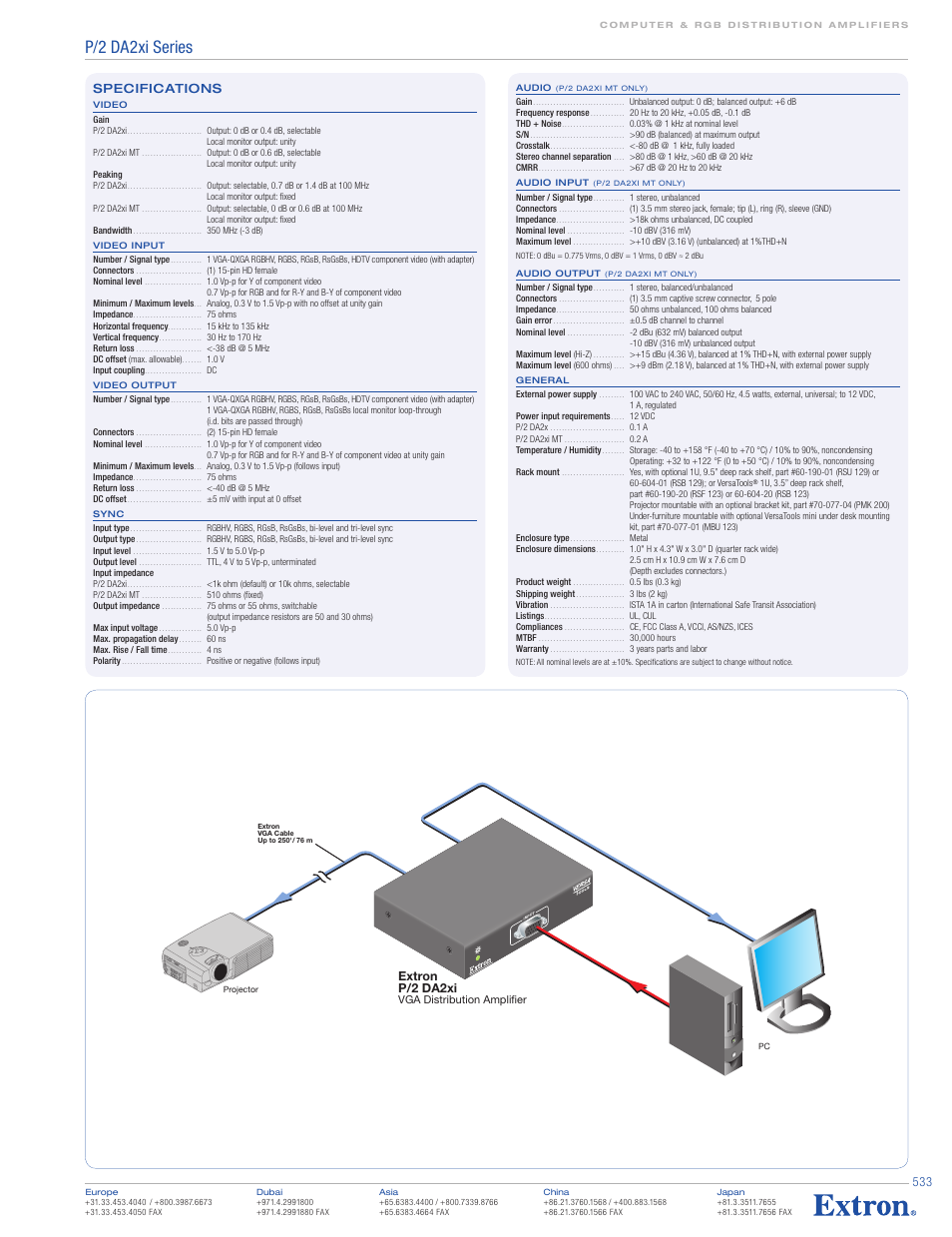 P/2 da2xi series, Extron p/2 da2xi, Specifications | Extron electronic P/2 DA2xi MT User Manual | Page 2 / 2