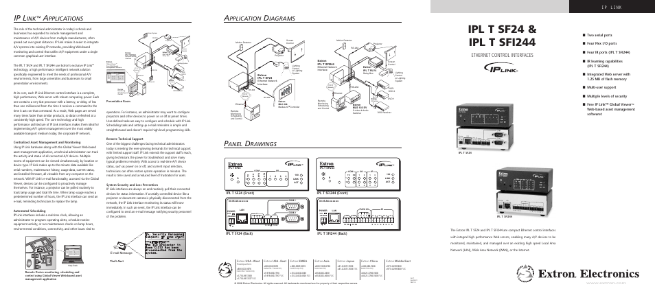 Ip l, Anel, Rawings | Pplication, Iagrams, Pplications, Ethernet control interfaces, Ip link, Web-based asset management softwaret, Ipl t sf24 (front) ipl t sf24 (back) | Extron electronic Extron IPL T SFI244 User Manual | Page 4 / 6