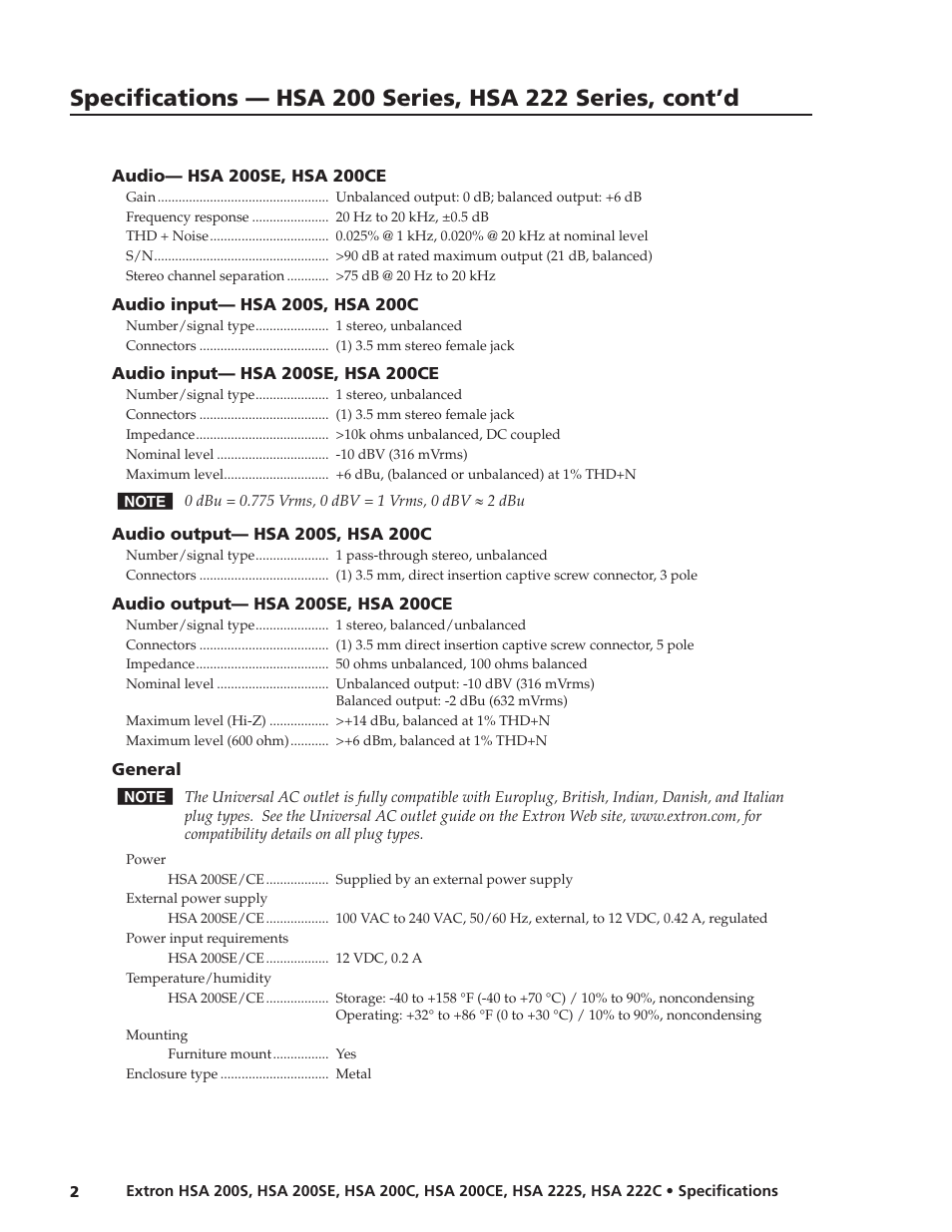Extron electronic Network Device HSA 200 User Manual | Page 2 / 4