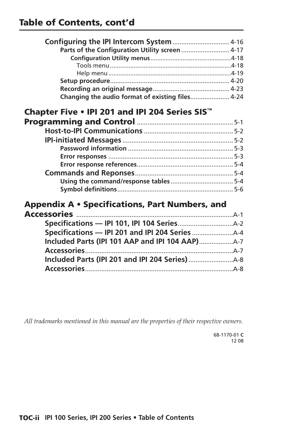 Table of contents, cont’d, Programming and control | Extron electronic IPI 100 Series User Manual | Page 10 / 100