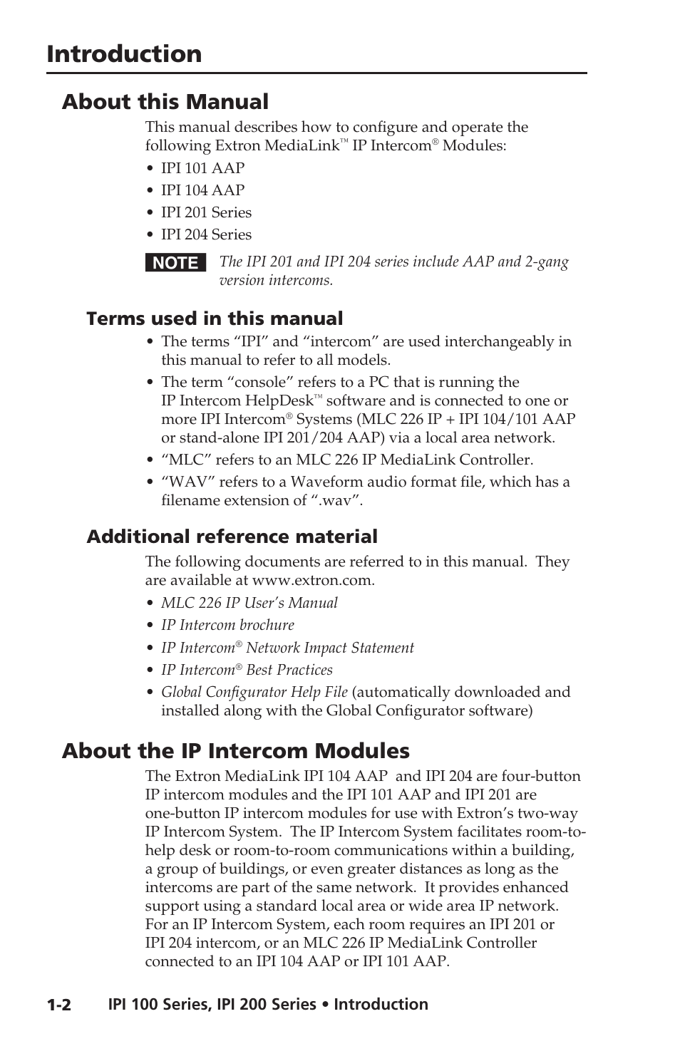 About this manual, Terms used in this manual, Additional reference material | About the ip intercom modules, Introduction | Extron electronic IPI 100 Series User Manual | Page 12 / 100