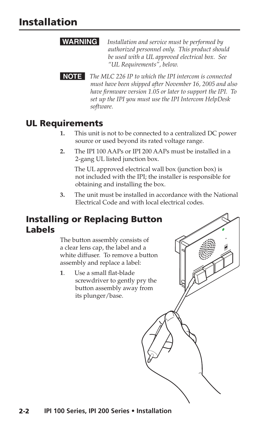 Ul requirements, Installing or replacing button labels, Installation | Software | Extron electronic IPI 100 Series User Manual | Page 16 / 100