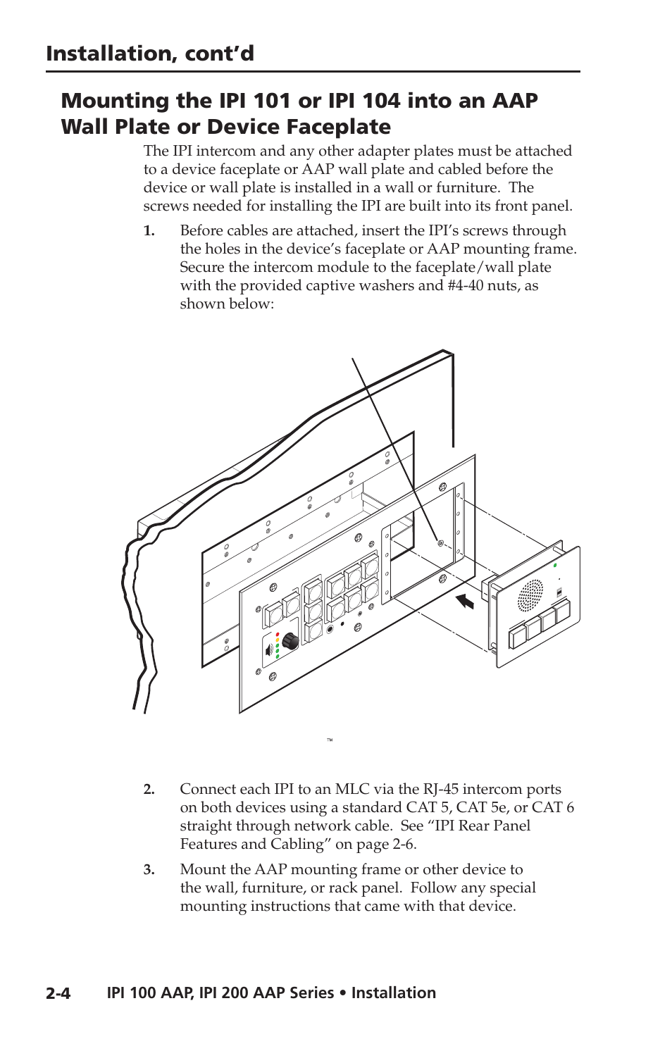 Device faceplate, Installation, cont’d, Extron mlc 226 ip aap | Extron ipi 104 aap, 40 nut w/ captive washer (included), Medialink controller, Intercom | Extron electronic IPI 100 Series User Manual | Page 18 / 100