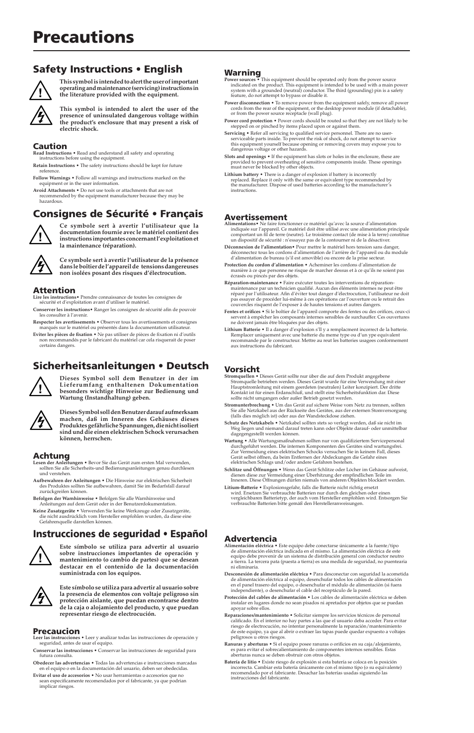 Precautions, Instrucciones de seguridad • español, Caution | Warning, Attention, Avertissement, Achtung, Vorsicht, Precaucion, Advertencia | Extron electronic IPI 100 Series User Manual | Page 2 / 100