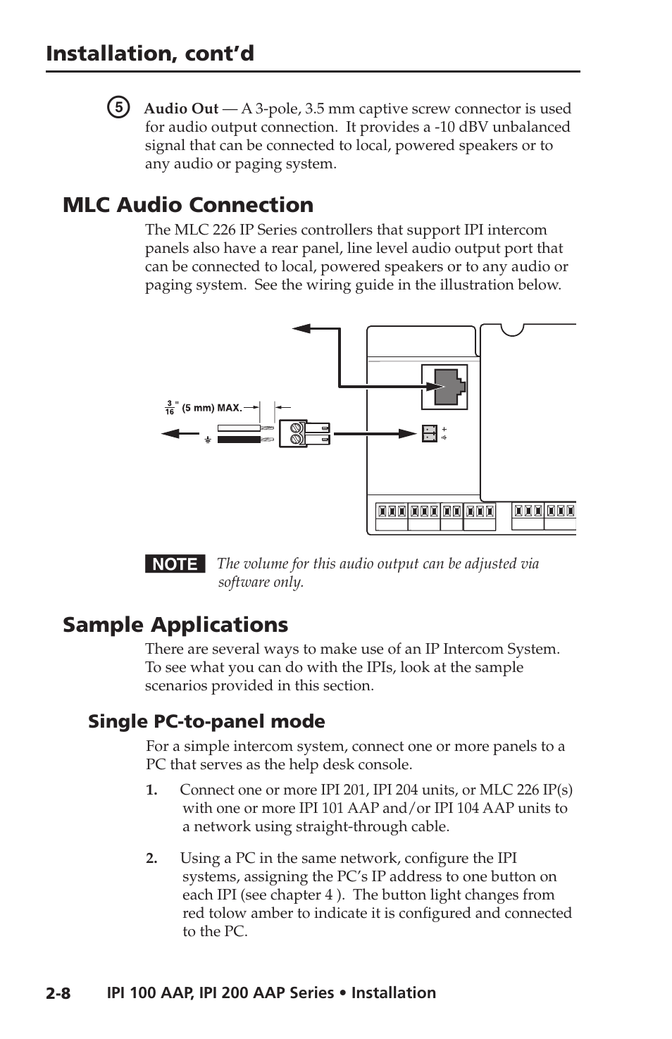 Mlc audio connection, Sample applications, Single pc-to-panel mode | Single pc-to-panel mode -8, Installation, cont’d | Extron electronic IPI 100 Series User Manual | Page 22 / 100