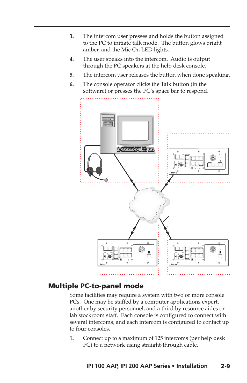 Multiple pc-to-panel mode, Multiple pc-to-panel mode -9, Tcp/ip network | Classroom ip 10.xx.xx.02, Lab ip 10.xx.xx.03, Office ip 10.xx.xx.04, Help desk console ip 10.xx.xx.01, Ipi 104 aap, Audio card, High med low | Extron electronic IPI 100 Series User Manual | Page 23 / 100