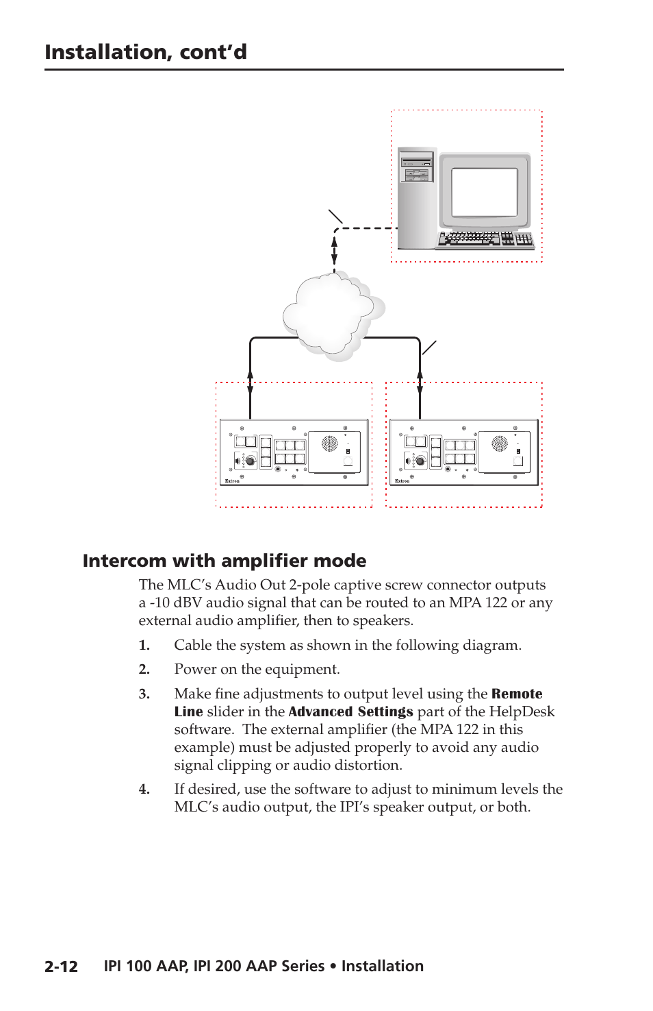 Intercom with amplifier mode, Intercom with amplifier mode -12, Installation, cont’d | Lab ip 10.xx.xx.03, Straight-through network cable, High med low | Extron electronic IPI 100 Series User Manual | Page 26 / 100