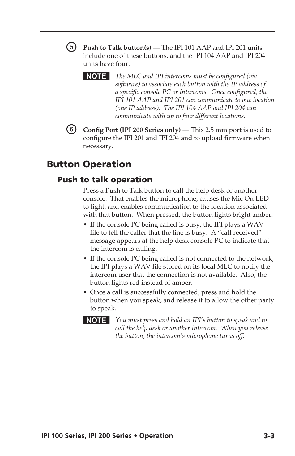 Button operation, Push to talk operation, Push to talk operation -3 | Extron electronic IPI 100 Series User Manual | Page 31 / 100