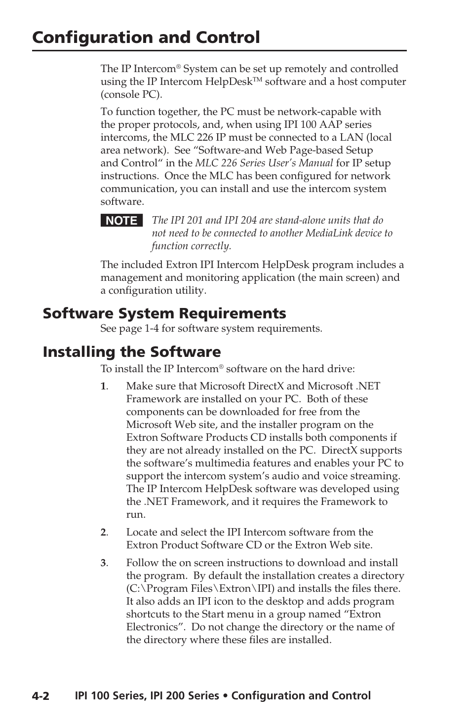 Software system requirements, Installing the software, Configuration and control | Extron electronic IPI 100 Series User Manual | Page 34 / 100