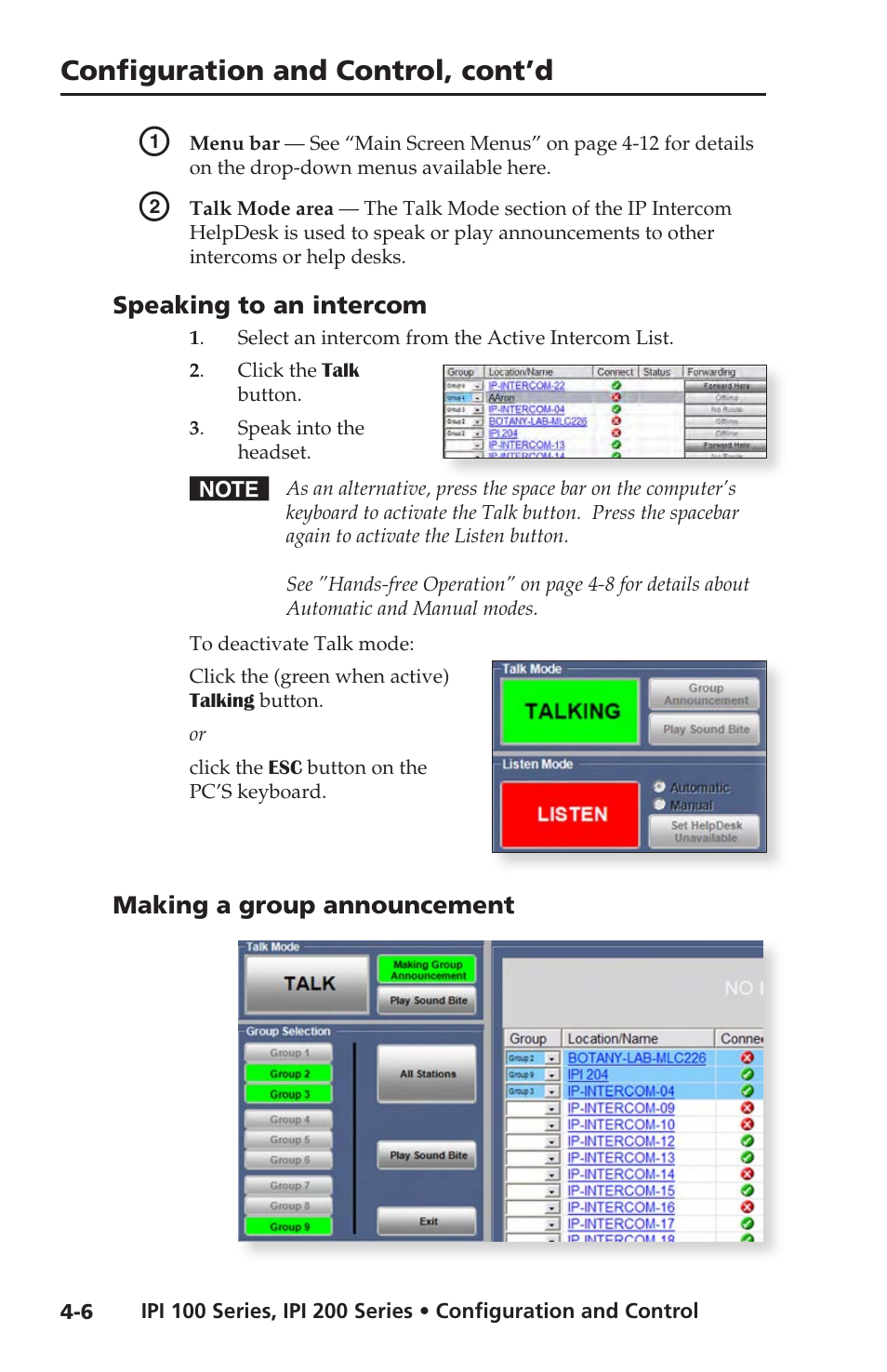 Speaking to an intercom, Making a group announcement, Configuration and control, cont’d | Extron electronic IPI 100 Series User Manual | Page 38 / 100