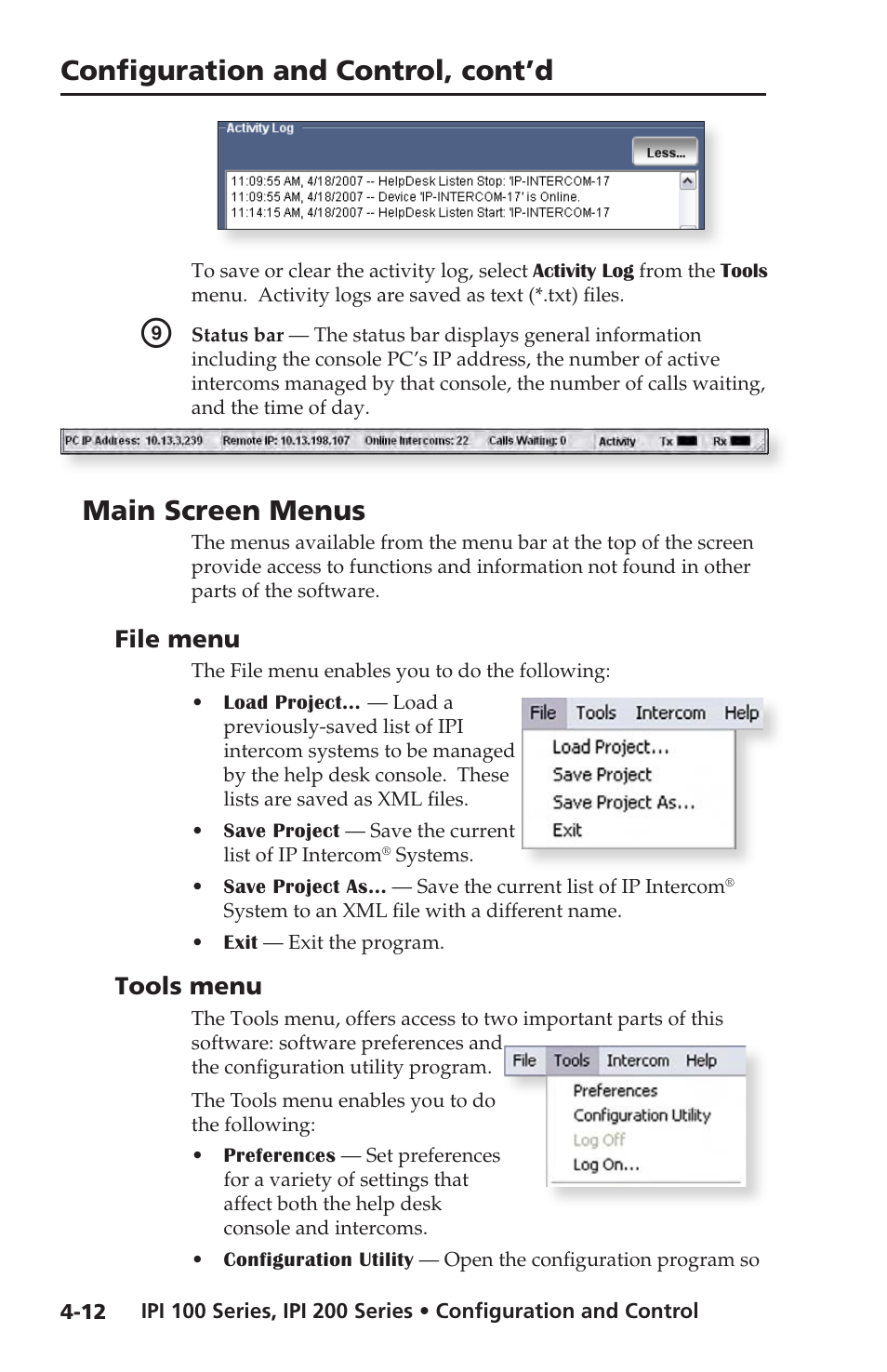 Main screen menus, File menu, Tools menu | File menu -12 tools menu -12, Configuration and control, cont’d | Extron electronic IPI 100 Series User Manual | Page 44 / 100