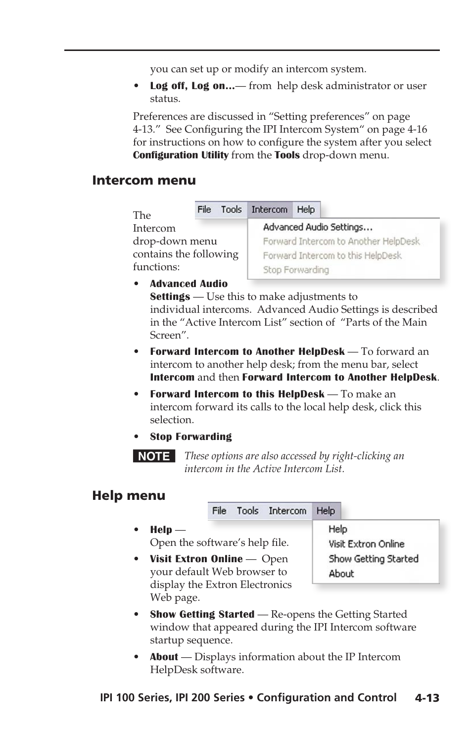 Intercom menu, Help menu, Intercom menu -13 help menu -13 | Extron electronic IPI 100 Series User Manual | Page 45 / 100