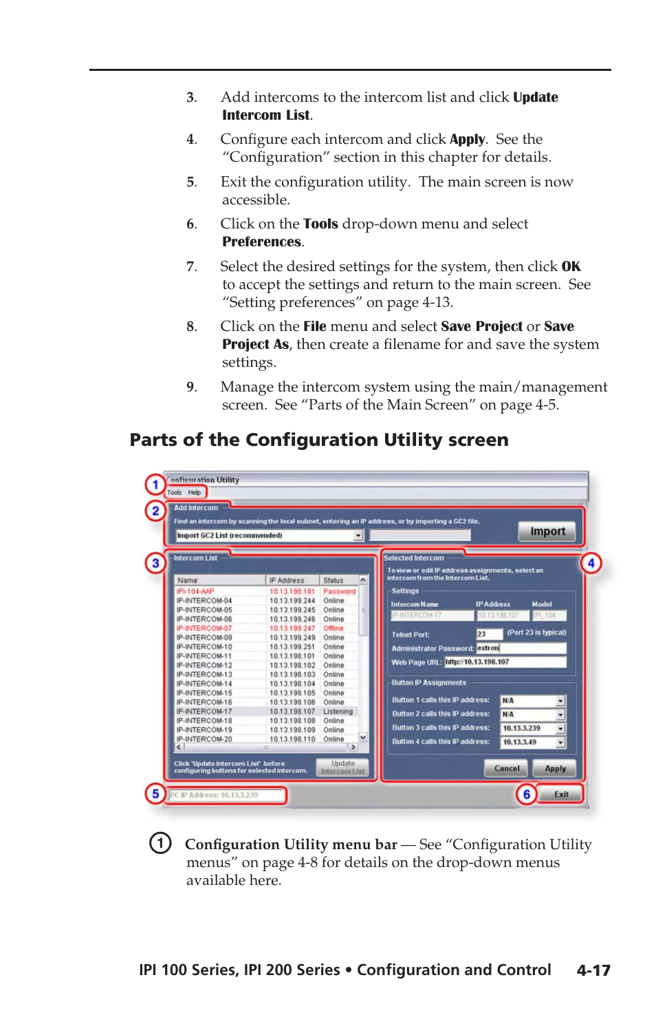 Parts of the configuration utility screen, Parts of the configuration utility screen -17 | Extron electronic IPI 100 Series User Manual | Page 49 / 100