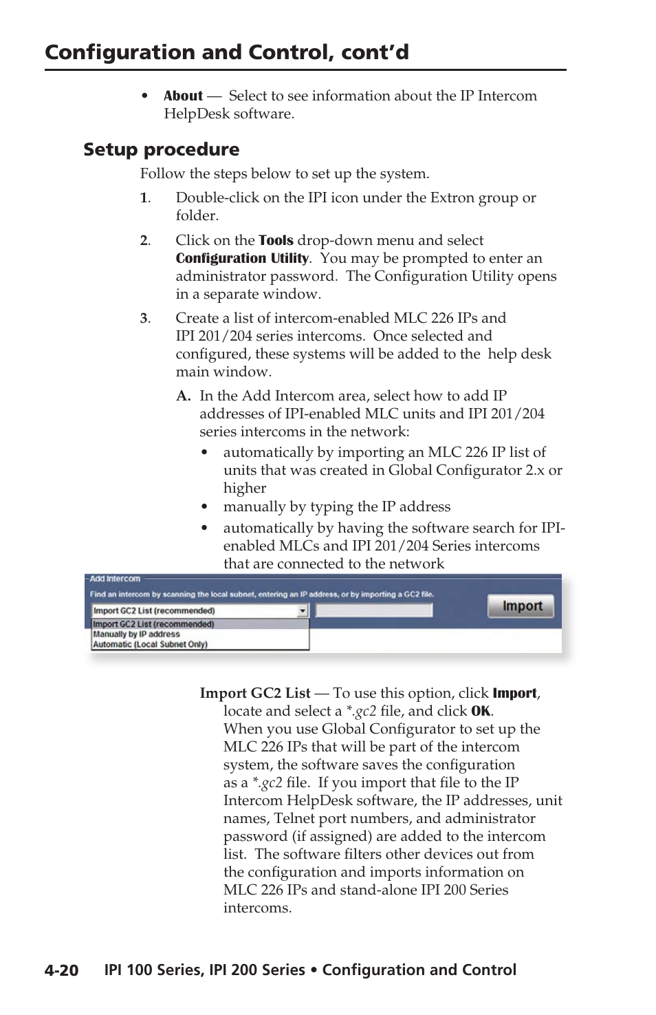 Setup procedure, Setup procedure -20, Configuration and control, cont’d | Extron electronic IPI 100 Series User Manual | Page 52 / 100